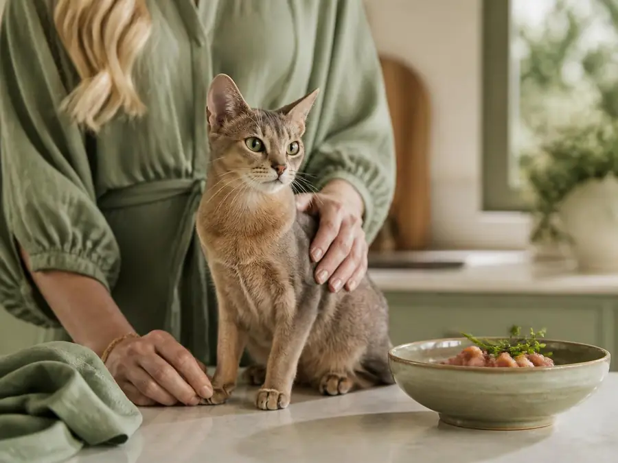 Tutora ao lado do gato com uma tigela de comida natural